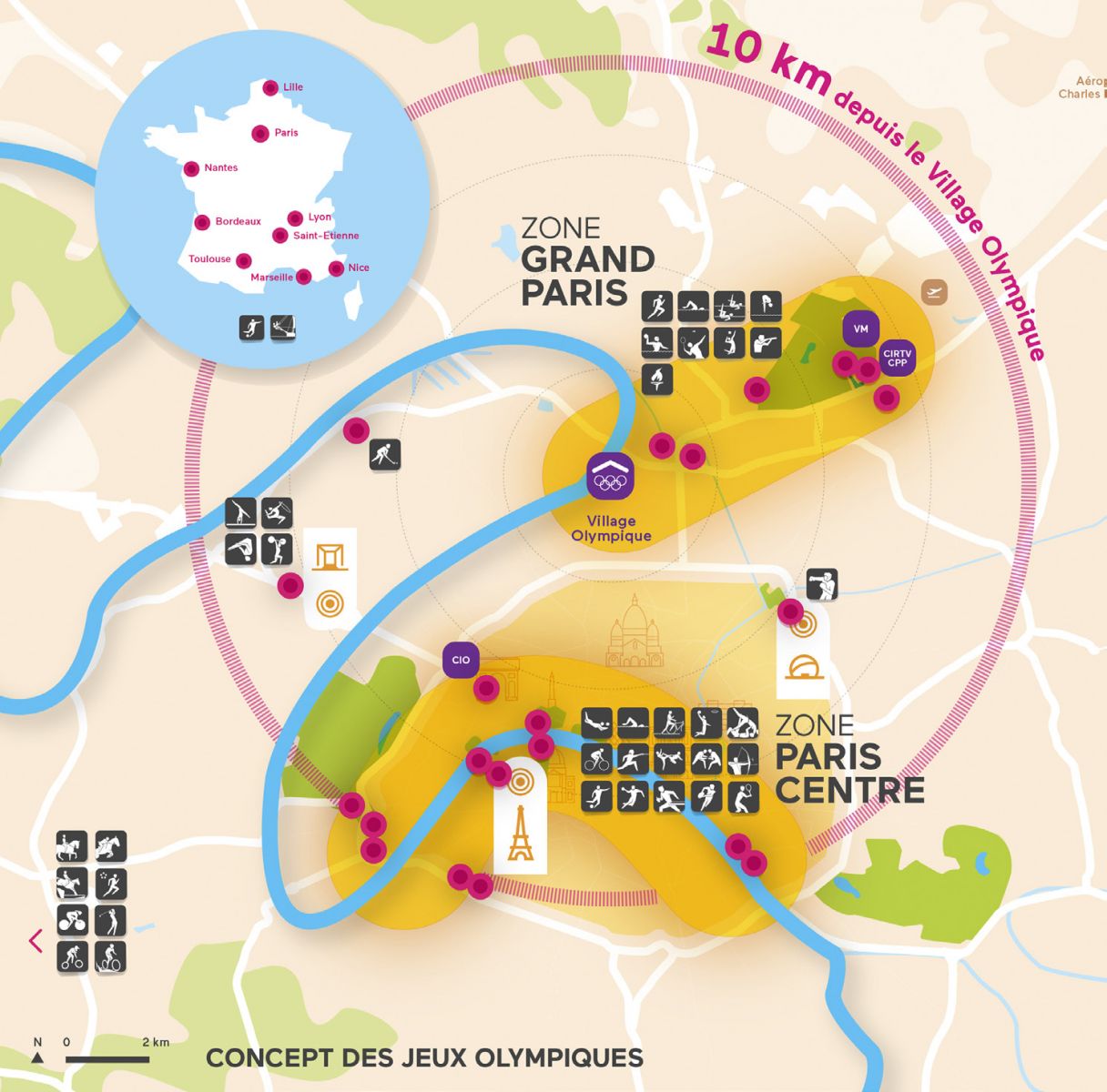 Carte de la répartition des sports dans le village olympique